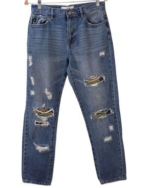 KanCan Distressed Camo Patch Jeans Y2K Straight Leg Medium Wash